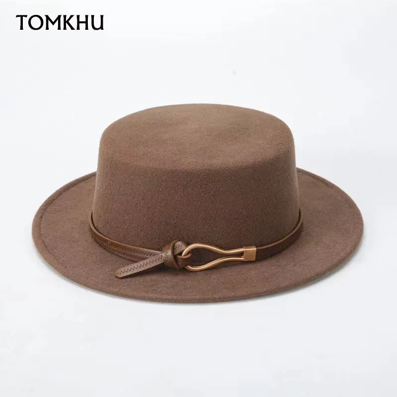 

Winter Flat Top Fedoras Hats For Women Solid Color 100% Woolen Jazz Cap Elegant British Wide Brim Ladies Caps Balck Brown Fedora