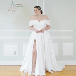 Passen Sie Brautkleider für Damen in Übergröße an, schulterfrei, V-Ausschnitt, Brautkleid, Satin, seitlicher Schlitz, A-Linie, Sweep-Zug, Robe De Mariée