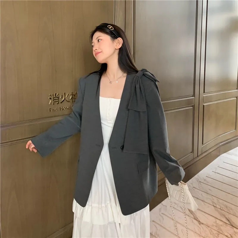 봄 가을 여성 패션 활 장식 회색 정장 재킷 v 넥 싱글 버튼 긴 소매 느슨한 캐주얼 여성 블레이저 코트