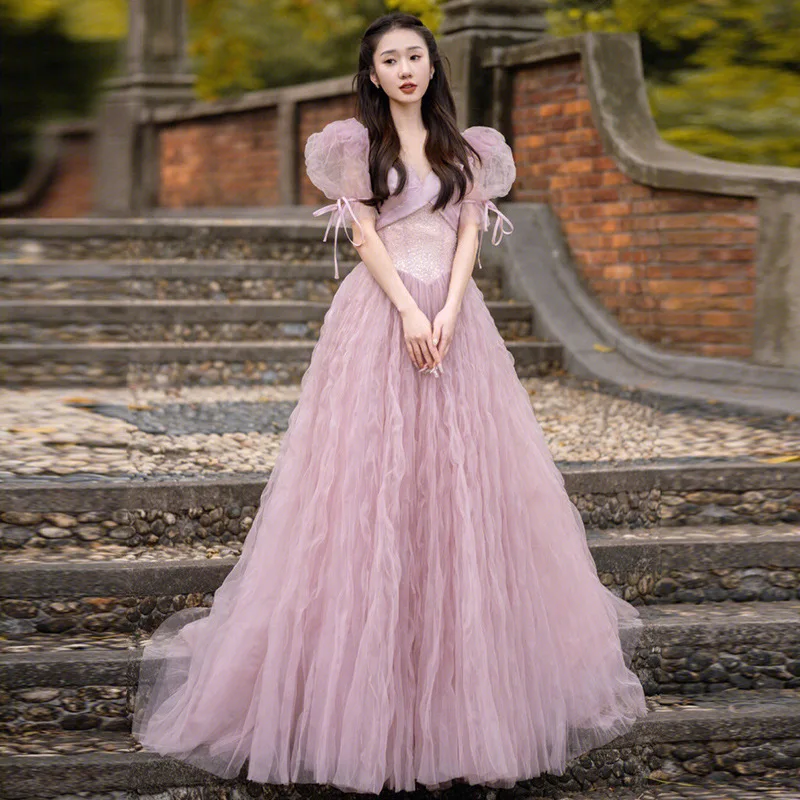 

Pink Tulle Evening Dress V-neck Puff Sleeves Pleated Female Shiny Wedding Formal Party Dresses Elegant Fashion Prom Gowns