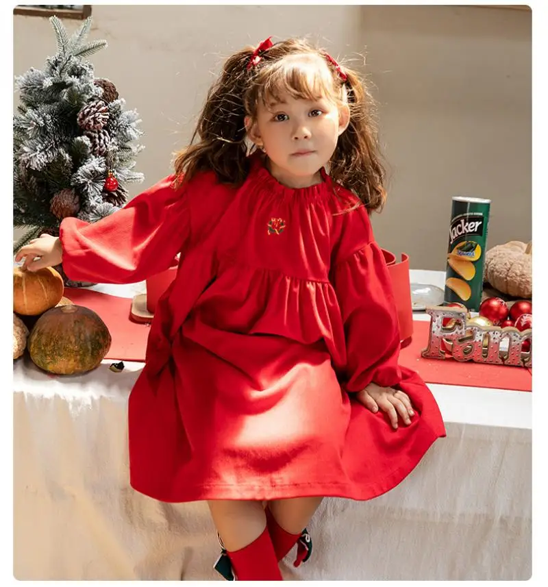 New Embroidered Cartoon Cute Solid Color Long Sleeved Dress for Girls In Autumn and Winter Christmas School Party Princess Dress