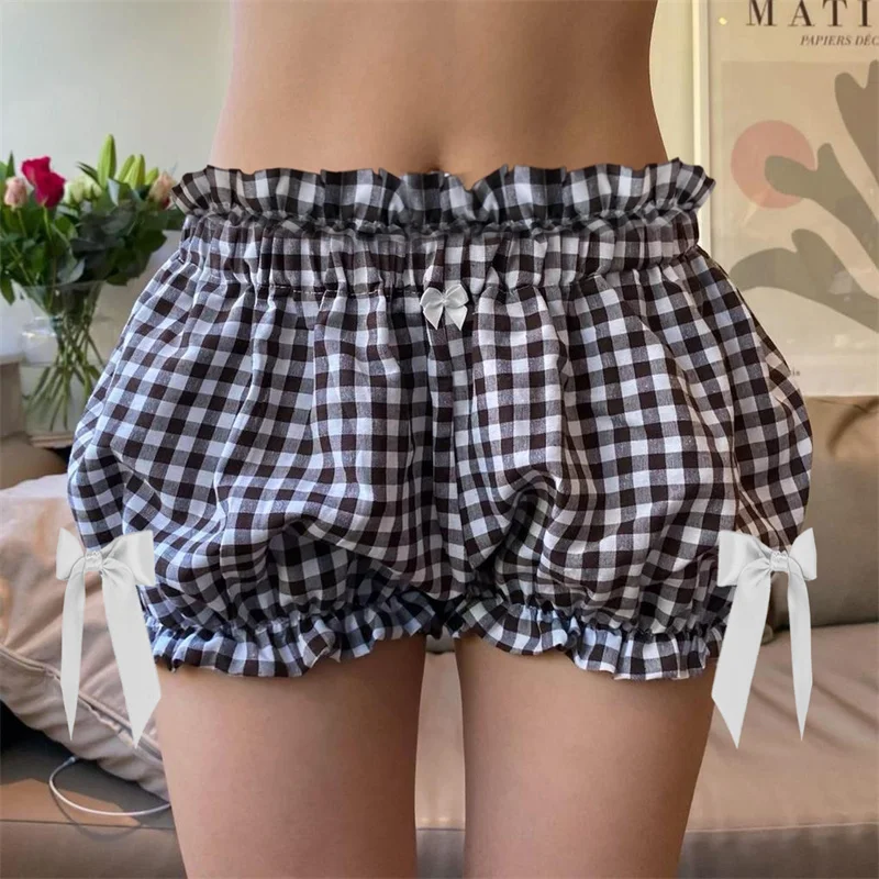 Women Red and White Plaid Bloomer Shorts Vintage Y2k Gingham Shorts Elastic Waist Bowknots Sweet Girl Lolita Pettipants