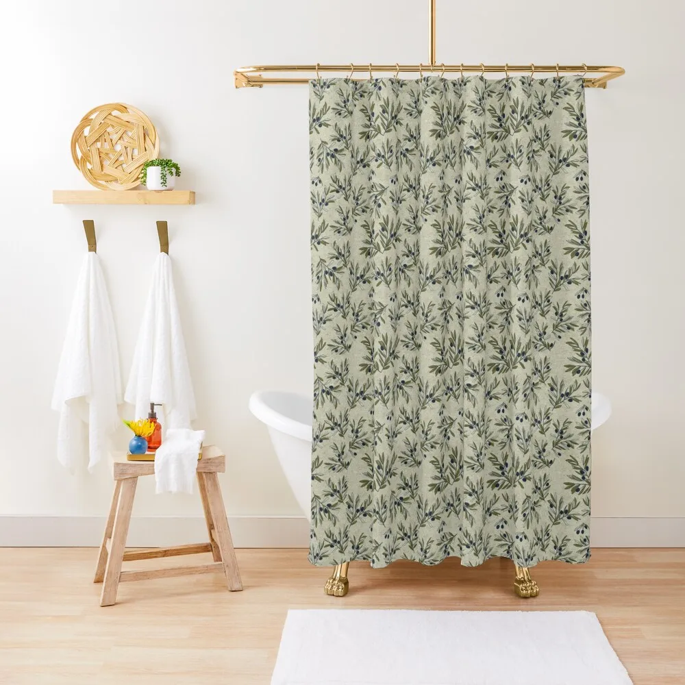 

Olive Branches Linen Background Shower Curtain Transparent Bathroom Shower Waterproof Bath And Anti-Mold Bathroom Decor Curtain