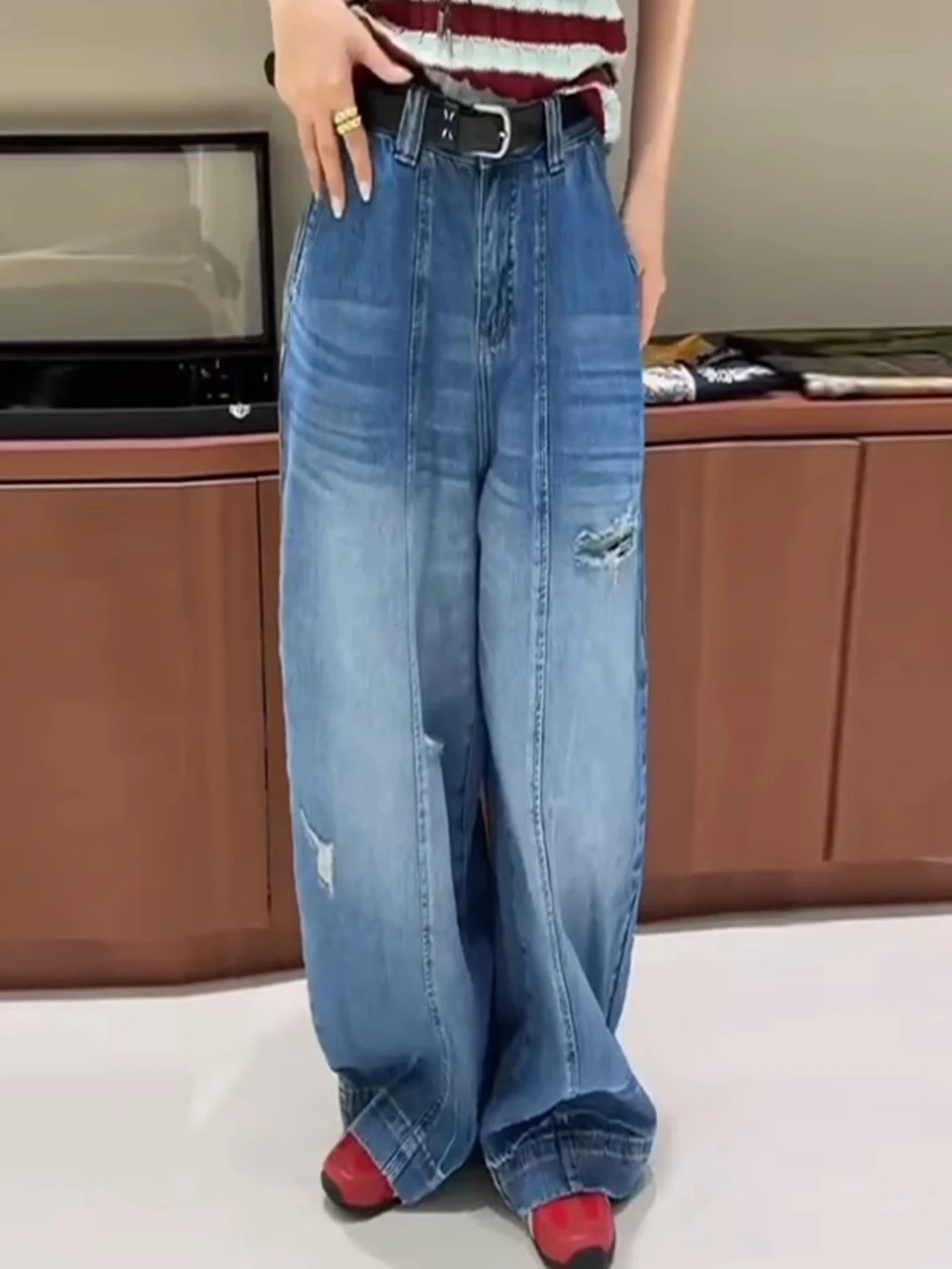

Blue High Waist Wide Leg Jeans Women's Summer New Fashion Versatile Floor-Length Pants Casual Style Antimicrobial Denim