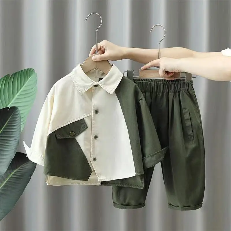 

Kids Boys Spring and Autumn Suit 2026 New Children's Baby Cotton Long Sleeve Shirt Pants Two Piece Boys' Clothing Set