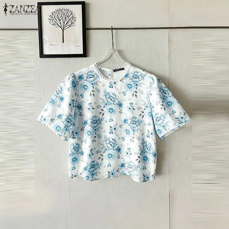 

Women's Floral Print Blouses Lace Trim O-Neck Half Sleeves Pullover Tops ZANZEA 2026 Summer Elegant Vintage Blusas de Mujer