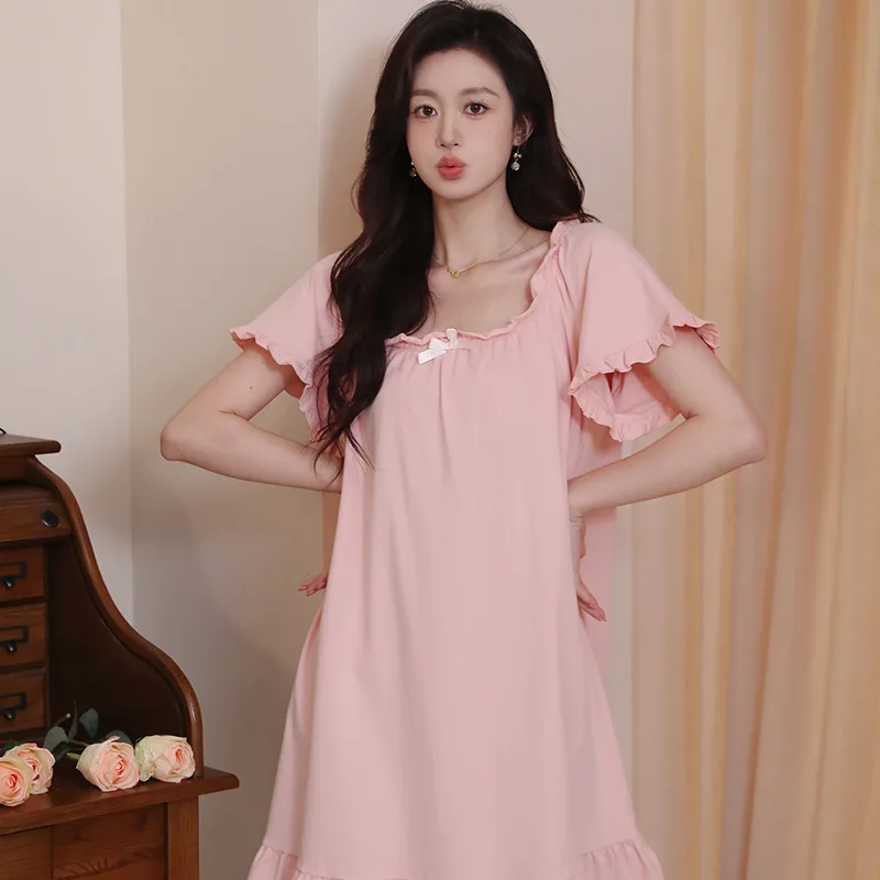 

Nightgown Short Sleeve Nightdress Sleepwear Sexy Pink Cotton Night Dress Nighties Nightwear For Women