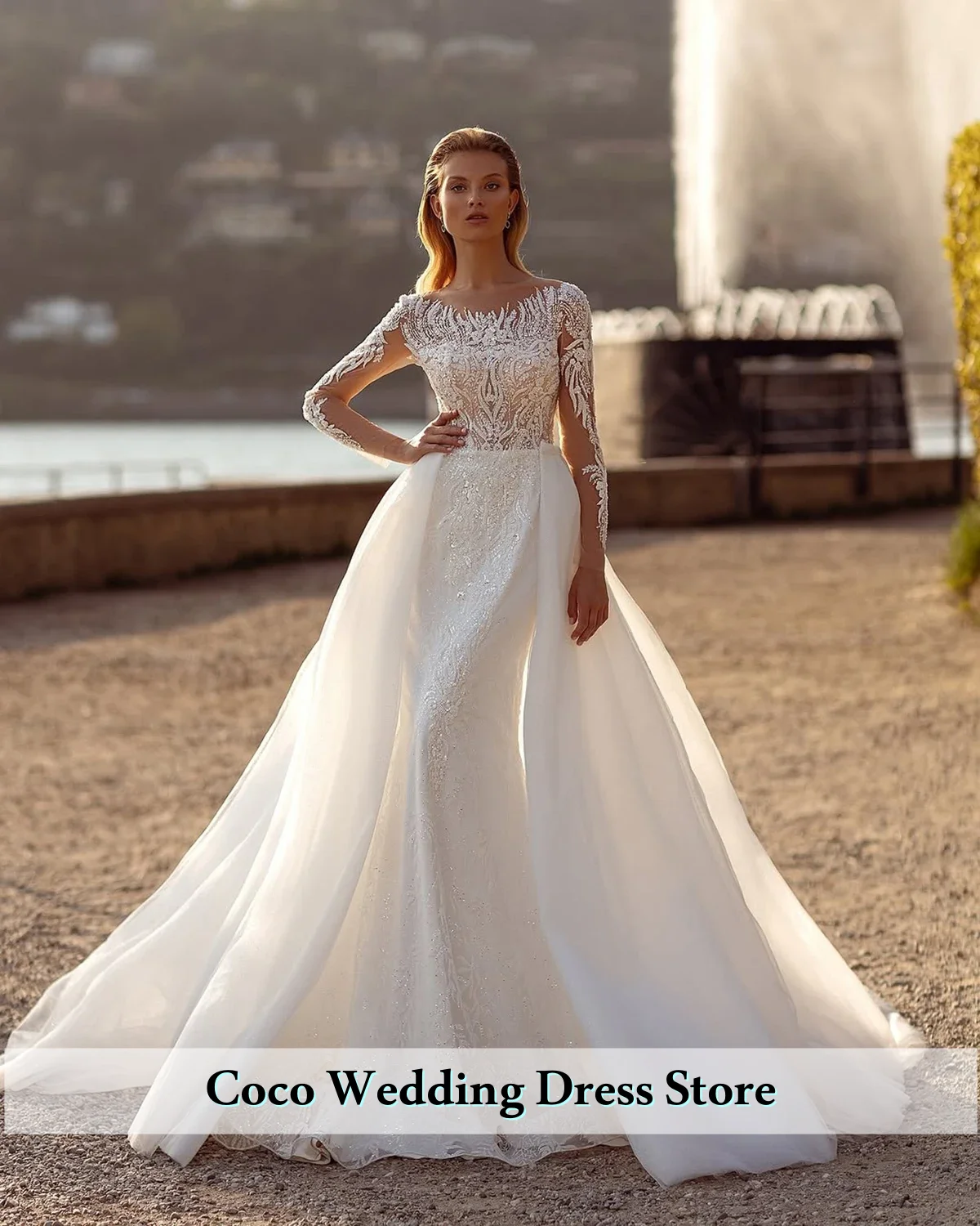 

Customized Exquisite Lace Wedding Dresses O Neck Mermaid Bridal Gowns Detachable Train Princess Bride Dress Vestidos De Novia