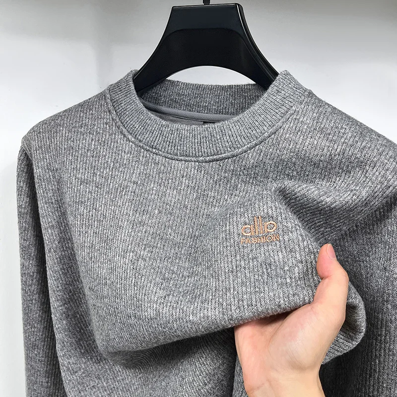 Designer Original Men's Fleece-Lined Thickened Ribbed Crew Neck Sweatshirt Warm Anti Pilling Long Sleeve Casual Autumn Winter