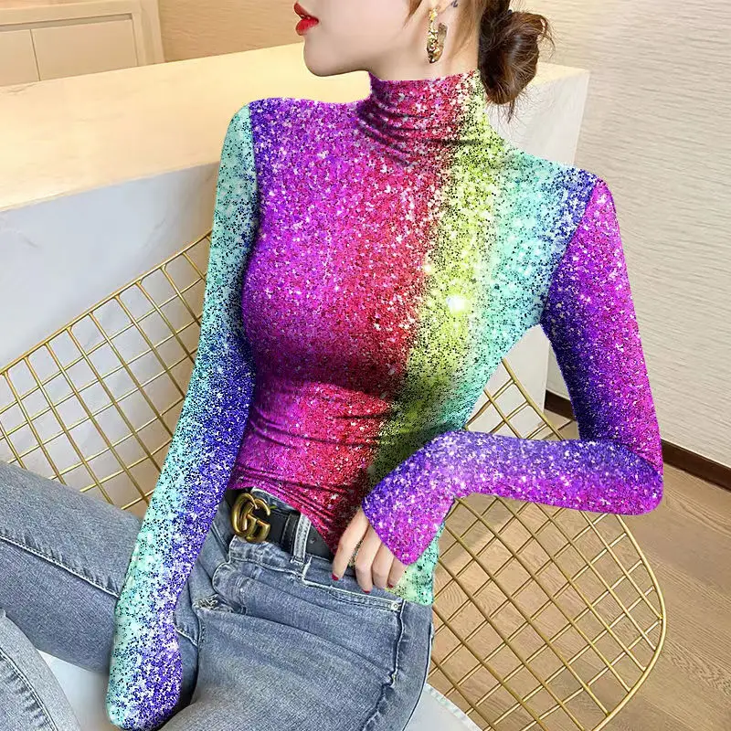 

Spring Autumn Half High Collar Printed Slim Tops Womens Clothing Fashion Long Sleeve All-match Contrast Color T-shirt for Female