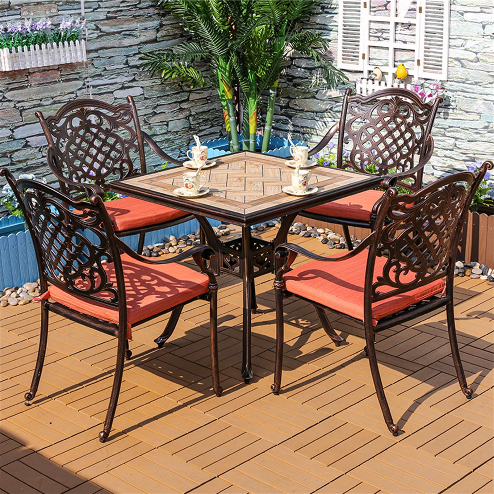 

Tile Patio Table Aluminum Frame Outdoor Table Bistro Table All Weather Garden Table Faux Wood Grain Backyard Table Dining Table