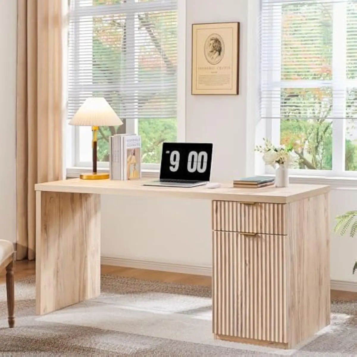 60 Inch Modern Oak Computer Desk with Reversible Side Cabinet Grooved Panel Design Integrated Power Hub Featuring 2 AC Outlets 2