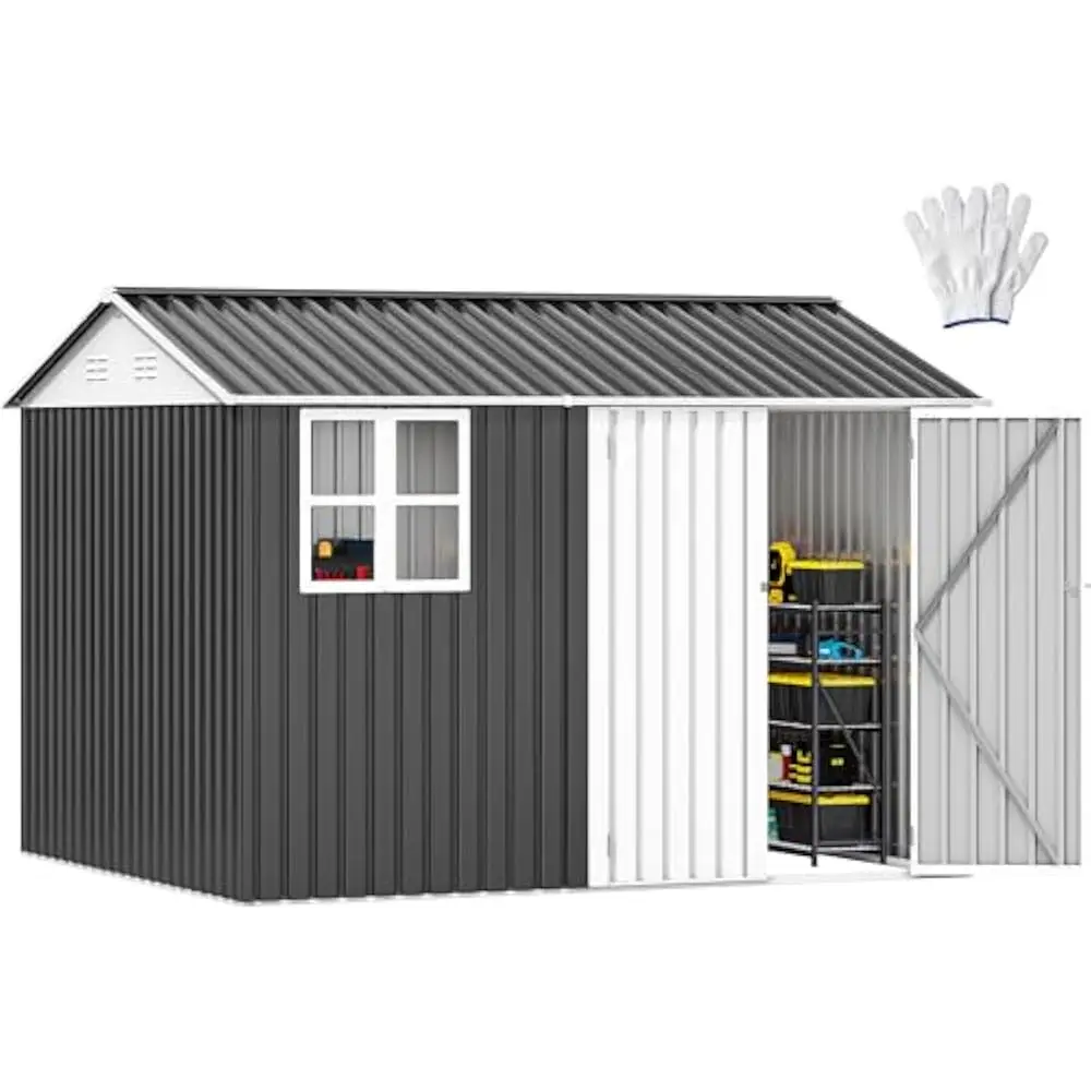 10' x 8' Outdoor Storage Shed, Waterproof Metal Garden Sheds w/Windows, Lockable Doors & Sloped Roof for Tool Storage, Bike Shed