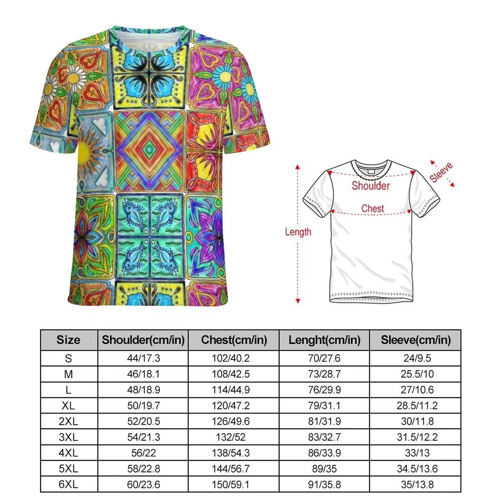 Summer T Shirt Vintage Patchwork T Shirts Colorful Spanish Tile Awesome Novelty Tees For Men Short Sleeve Pattern Oversized Tops