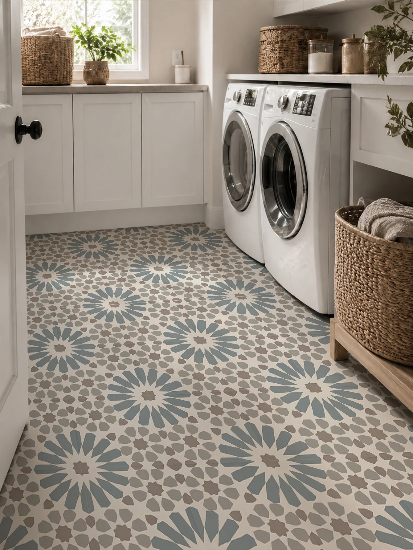 Geometric Floral Tile Wallpaper, PVC Self Adhesive Waterproof Removable Stickers for Cabinet, Countertop, Corridor, Balcony