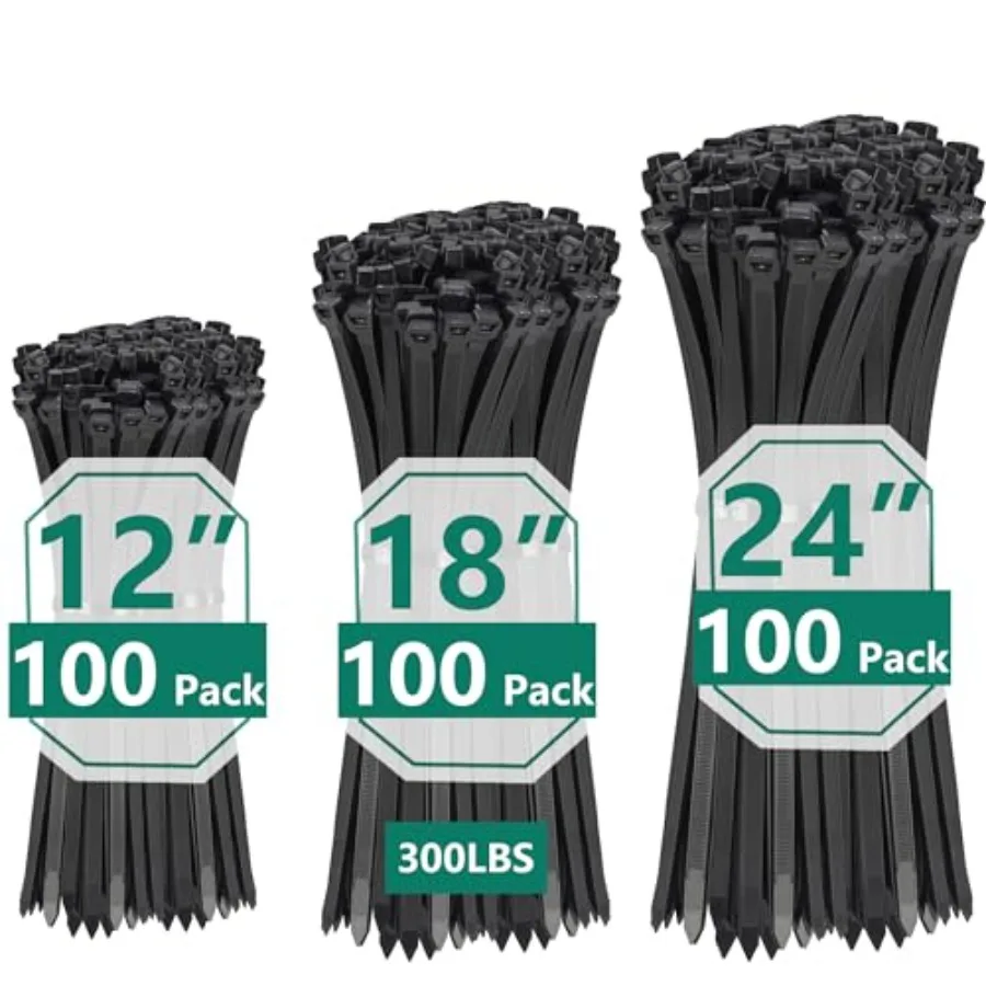 

Кабельные стяжки (хомуты) нейлоновые самоблокирующиеся черные, усиленные, 300 шт. в упаковке, разные размеры (12+14+18 дюймов), прочность на разрыв 300 фунтов, для использования внутри помещений