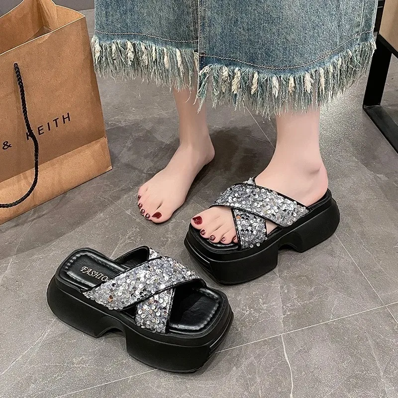 Silver Bling Casual Slippers 8cm Chunky Platform Gladiator Sandals Black Sequin Summer Shoes Women Heels Sandale Ete Femme 2024