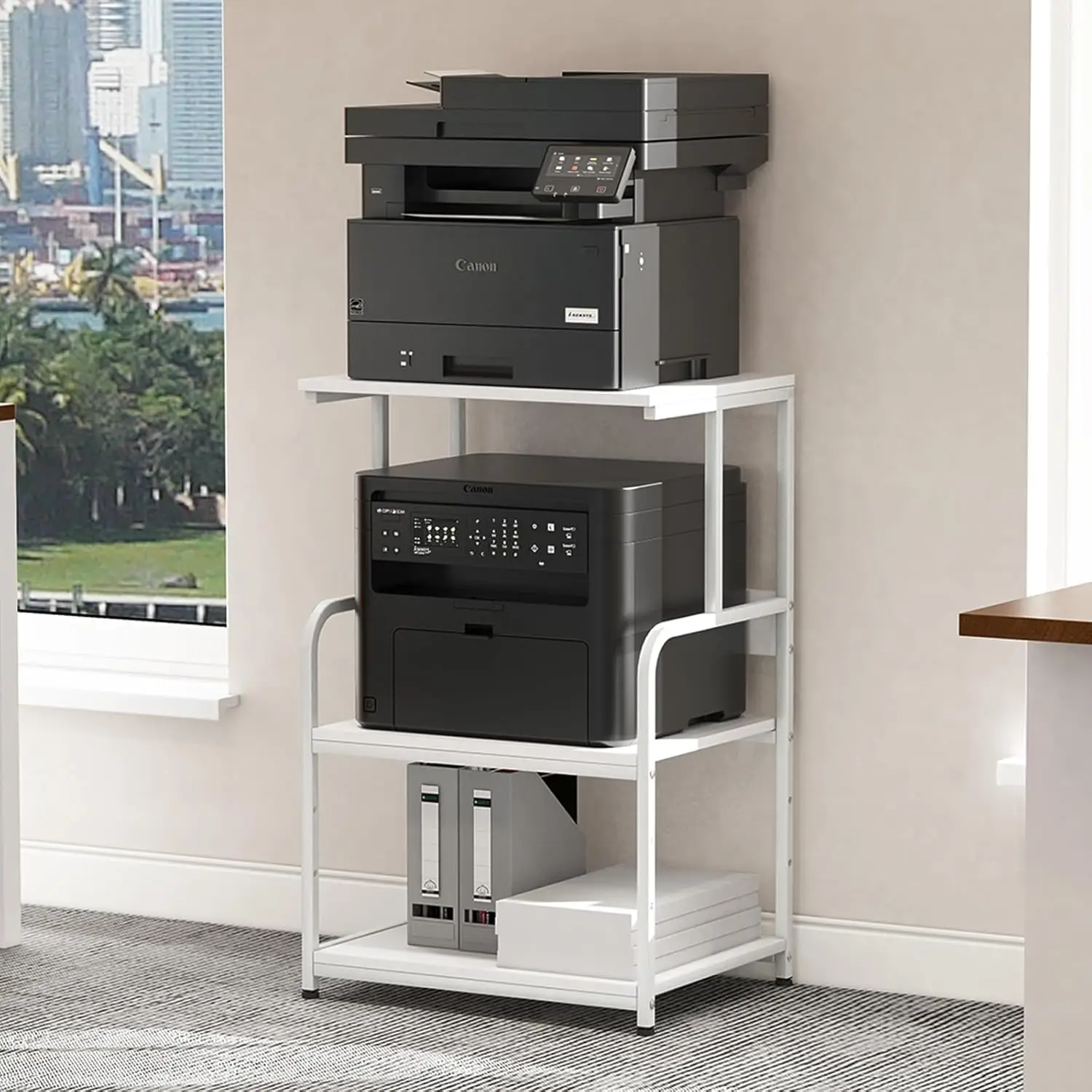

3-Tier Mobile Printer Cart with Wheels and Storage Shelf, Adjustable Industrial Style for Home Office (White)