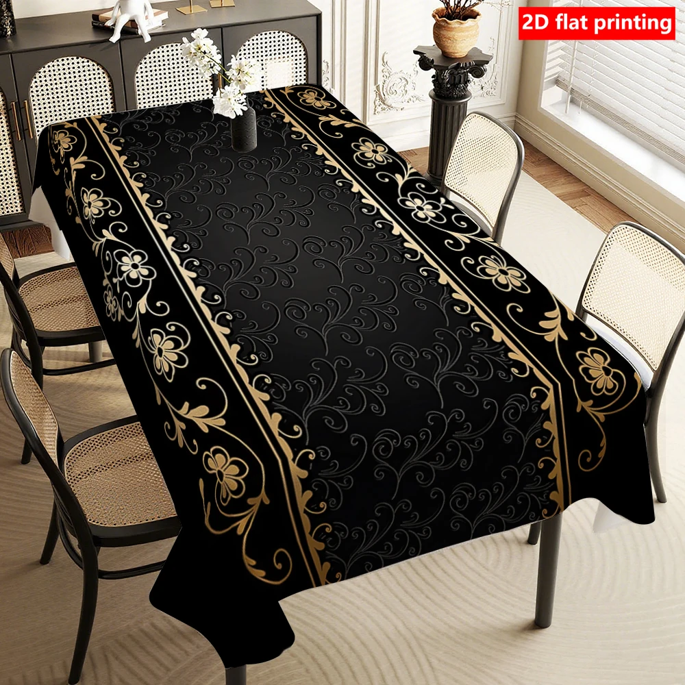 2D-Flachdruck, 1 Stück schwarze und goldene Tischdecke mit Retro-Muster, quadratische Tischdecke aus Polyester