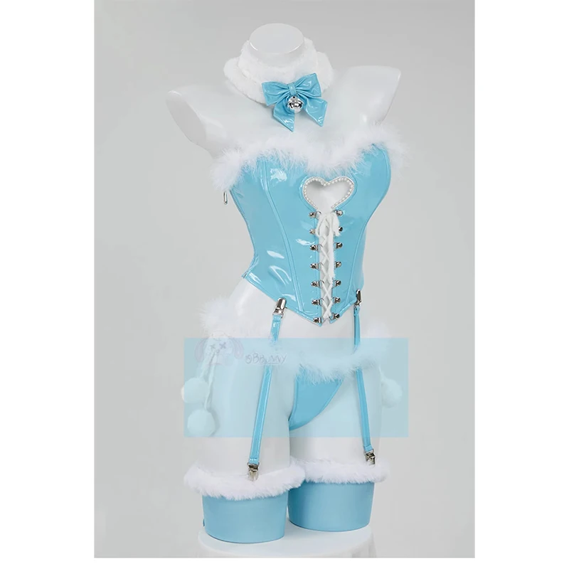 Women Lingerie Set Winter Christmas Blue White Furry Heart Hollow Top and Panty with Cloak Cosplay Costume