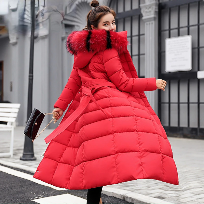 Winter Long Parkas Women Super Hot Coat Fur Collar Hooded Cotton-padded Jacket Puffer Jacket Thick Pockets Long Sleeve Snowsuit