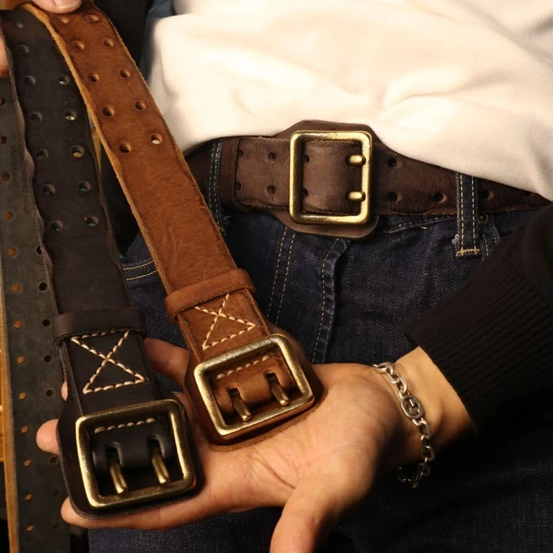 オリジナル手作り二本針バックルメンズベルト製ジーンズベルトパーソナライズされたレトロ本革-y2k-陸軍戦術ウエスト