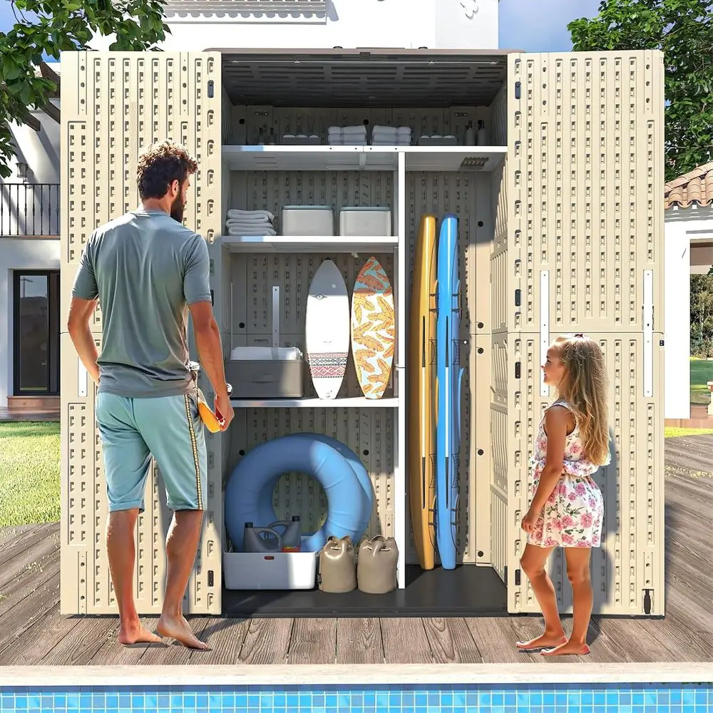 

Khaki Vertical Outdoor Storage Shed - 60 Cubic Feet, Weather-Resistant Resin Cabinet with Lockable Floor for Patio, Garden, and