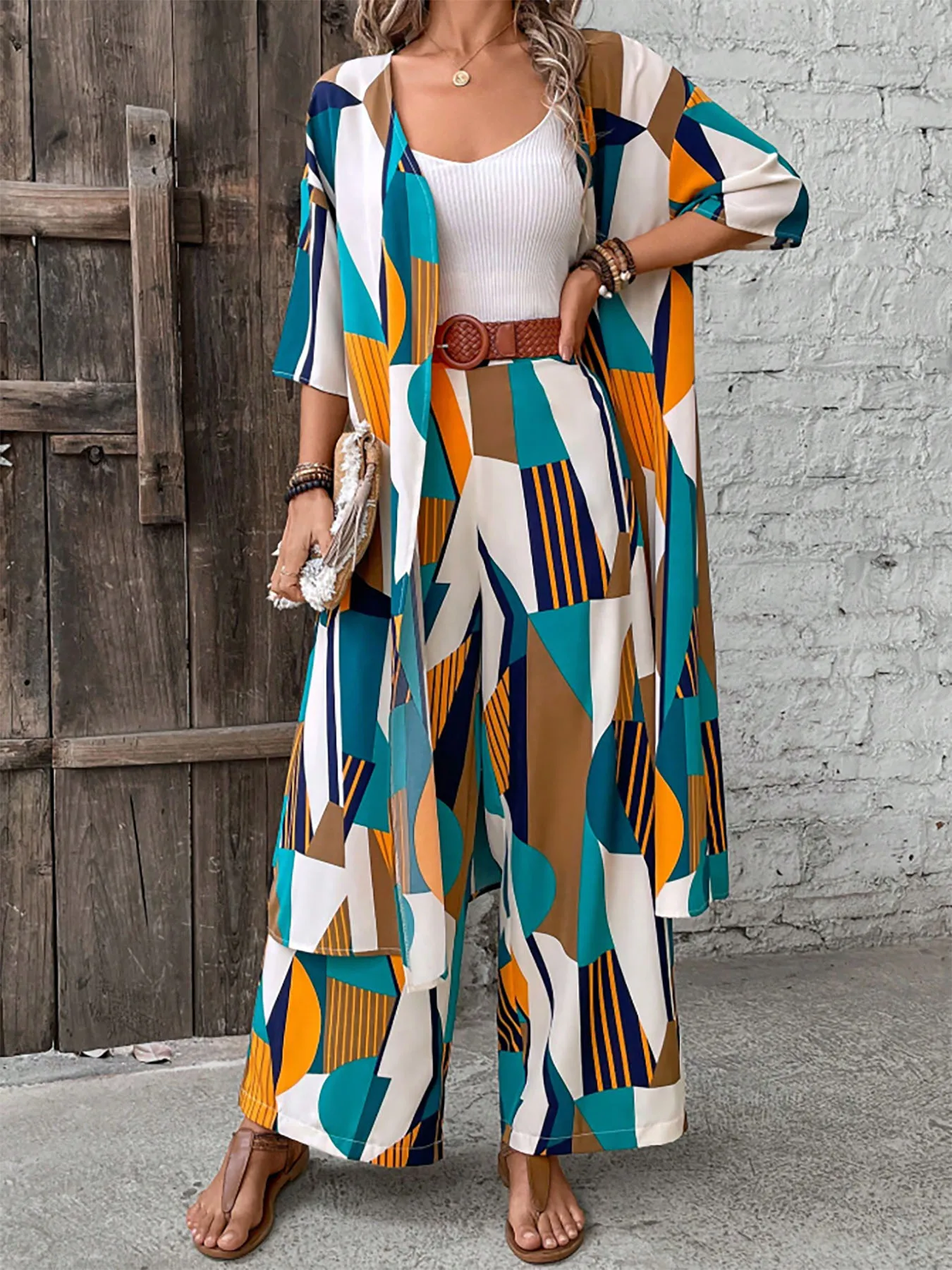 Plus - Size Geometric Color - Block Set! Cardigan + Wide - Leg Pants, Perfect for Vacay & Daily