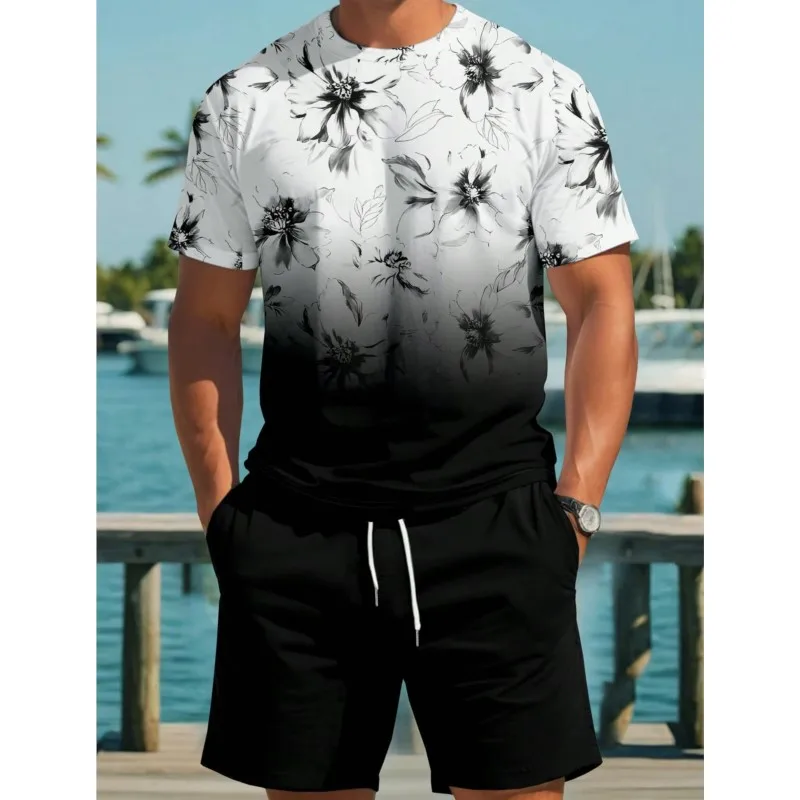 

Summer Men Tropical Floral Print Round Neck Short Sleeve Casual T-Shirt And Shorts Set Beach Outfit Men Beach Tops Shorts Suit