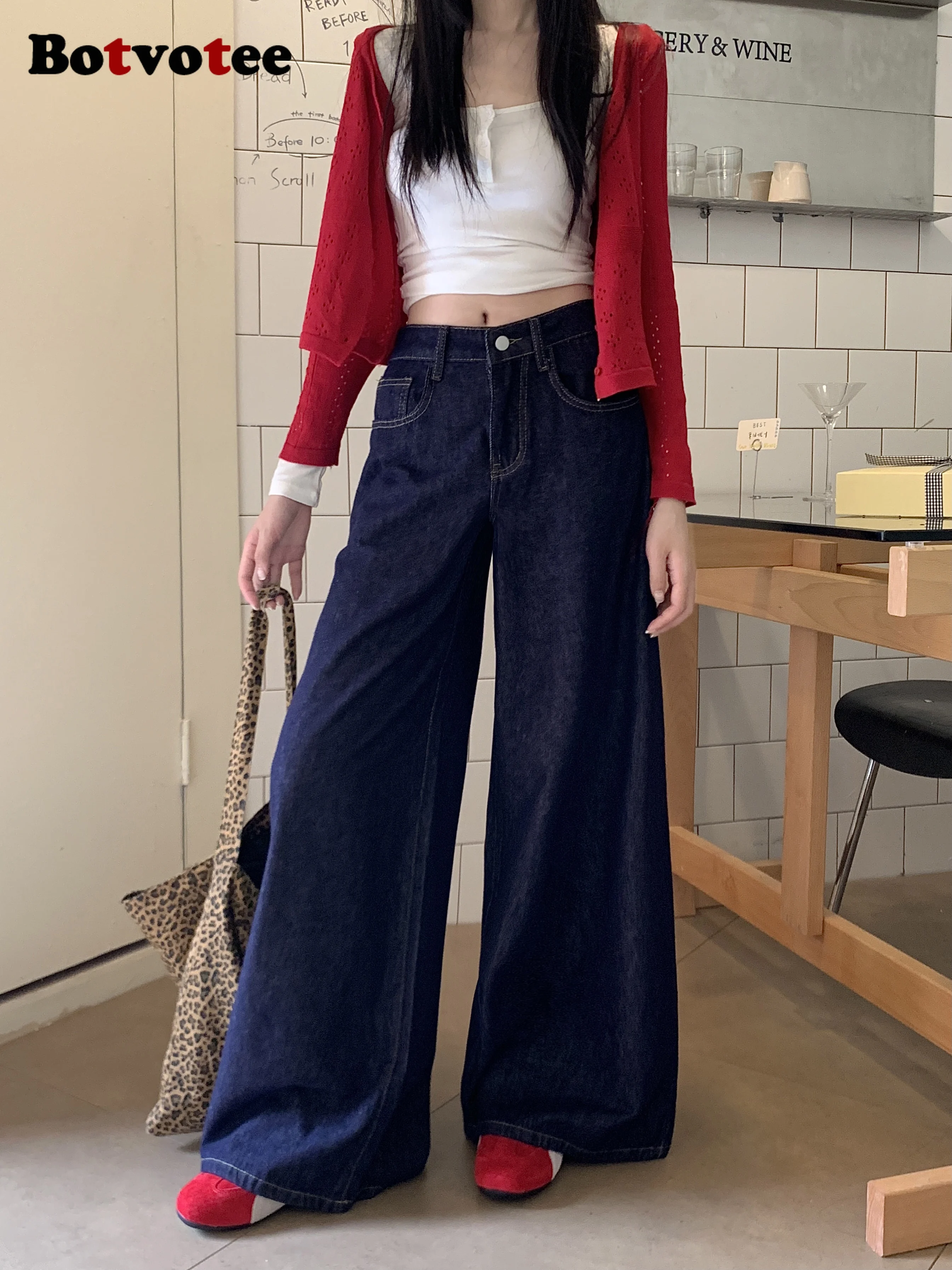 

Botvotee Raw Denim Wide Leg Jeans Women - High Waist Straight Leg Trousers Loose Fit Casual Versatile washed Denim Pants