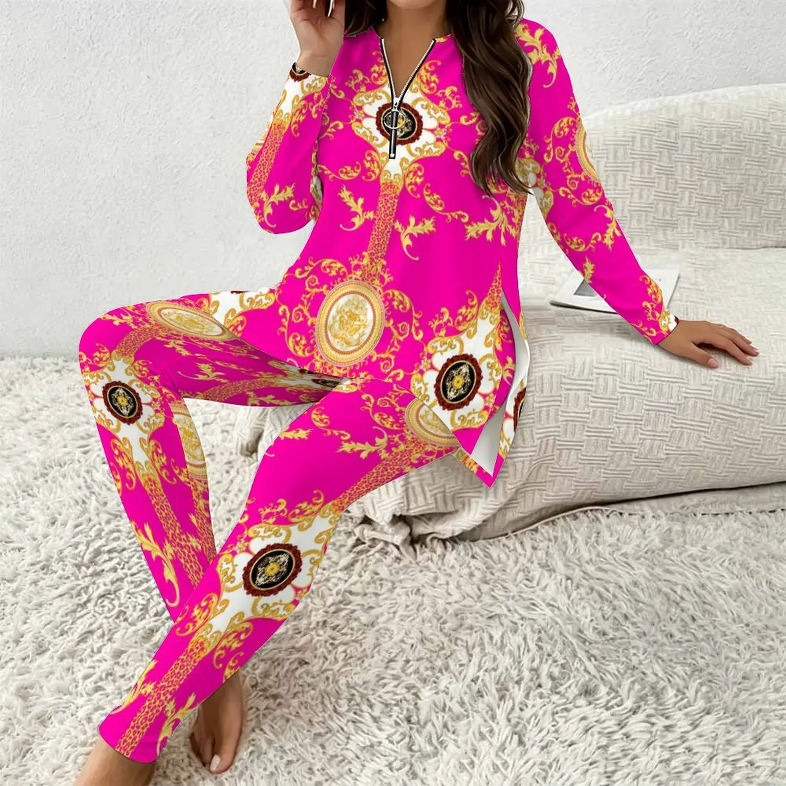 Women Pants Set with Print Front Zip Long Sleeve Longline Top Fitted Pants Two Piece