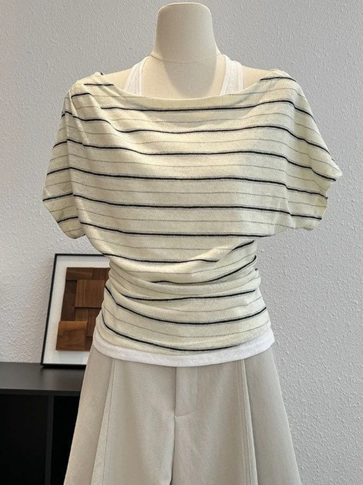 Korean Style Striped T-shirts Women Elegant Casual Sweet False Two-piece Tees Butter Yellow Loose T-shirts Aesthetics