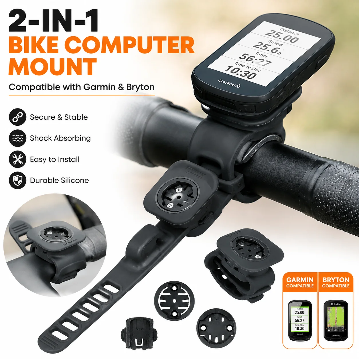 2-in-1 Cycling Handlebar Computer Mount Durable Silicone Bike GPS Stand Compatible With Garmin Bryton Shock Absorbing Holder