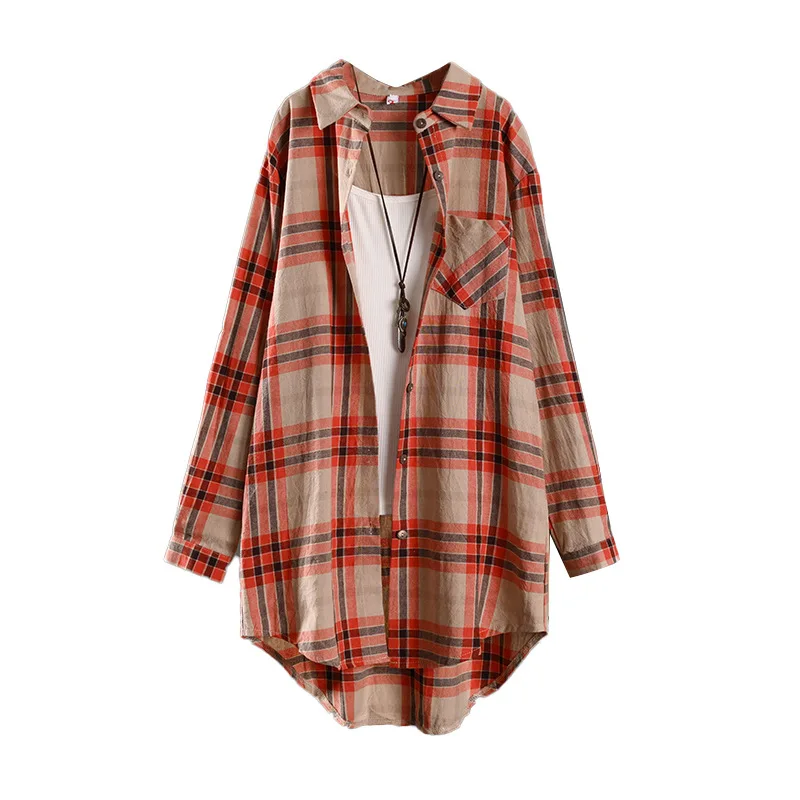 قميص من القطن والكتان، معطف رقيق متوسط الطول للربيع والصيف، سترة كبيرة الحجم، قميص منقوش، تصميم كاجوال #5