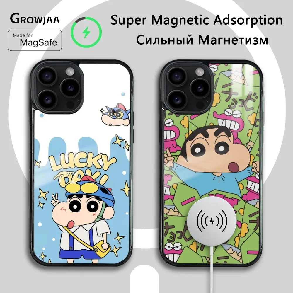 C-Crayon S-Shin-chanS Cartoon Phone Case For iPhone 16 15 14 13 12 11 Pro Max Plus Mini Magsafe Mirror Wireless Magnetic Cover