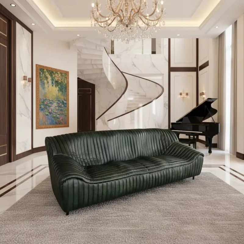 Medieval pleated sofa, full-grain cowhide material, solid wood frame, oil wax leather, living room, large flat leather sofa