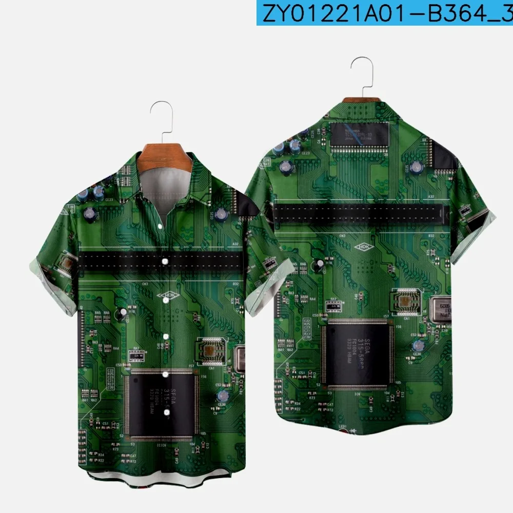 Men\'s Hawaiian T-Shirt Y2K Hombre Fashion Shirt Circuit Board 3D Printed Warm Casual Short Sleeve Beach Oversized Clothes