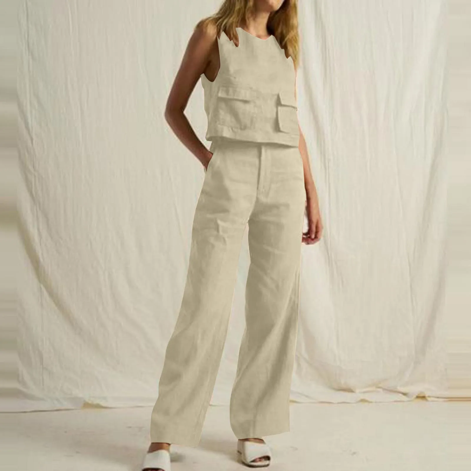 Summer Loose O-Neck Top Wide Leg Pants Two Piece New Elegant Pullover Pants Summer Suit Women Harajuku Style Cotton Linen Suit