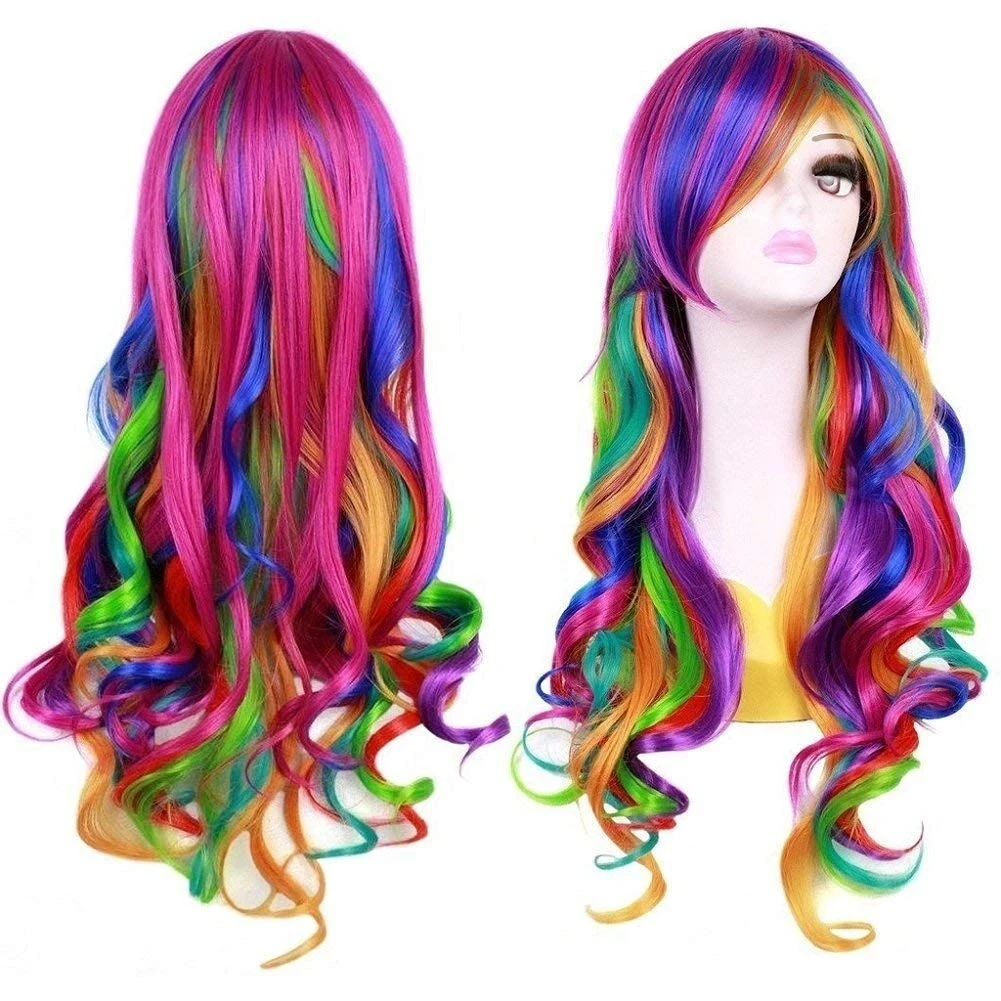 Girls Long Curly Rainbow Color Cosplay Party Costume Synthetic Hair Wigs