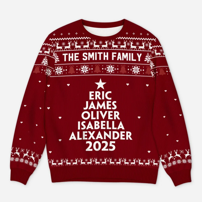 2027 Family Xmas Crew Ugly Christmas Sweater Personalized Names and Winter Prints Crewneck Sweaters for Matching Family Gifts