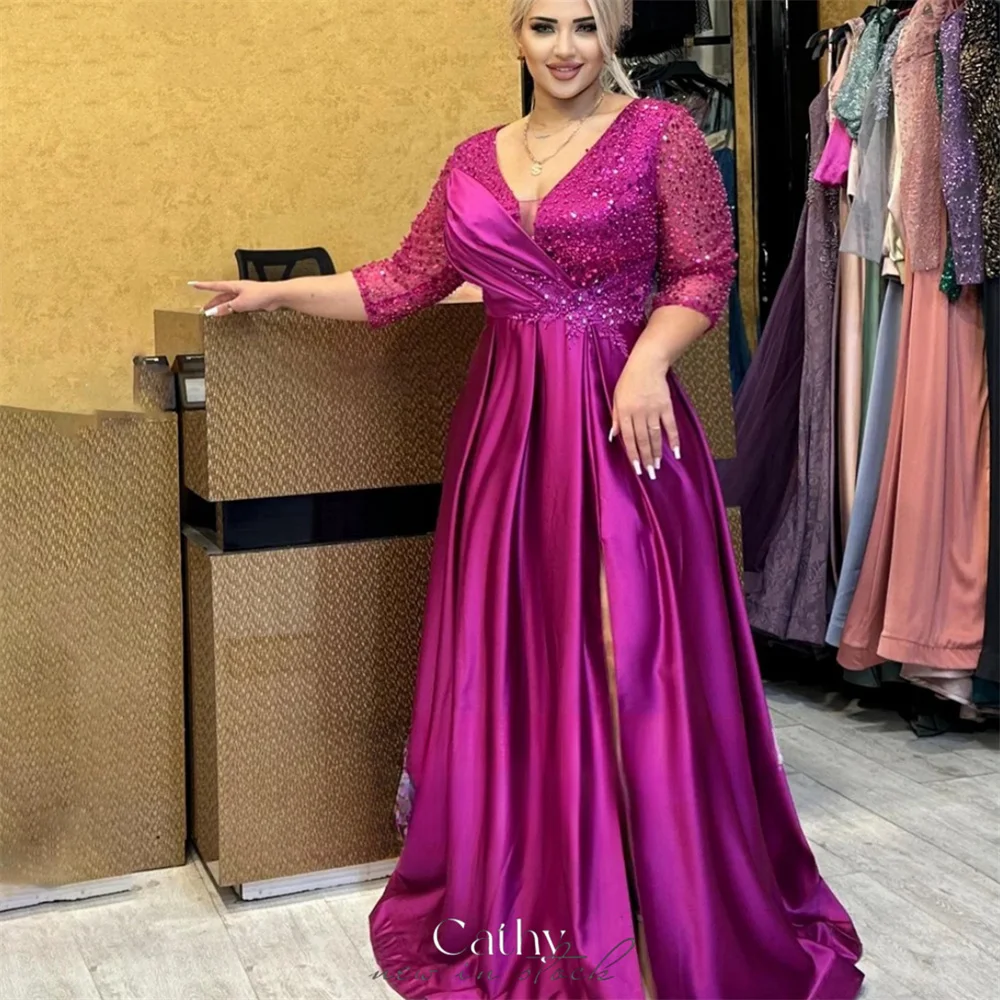 

Cathy Purple Satin V-neck Wedding Dresses Beaded Side Split فساتين سهرة Elegant Half Sleeves Floor-length vestidos de fiesta