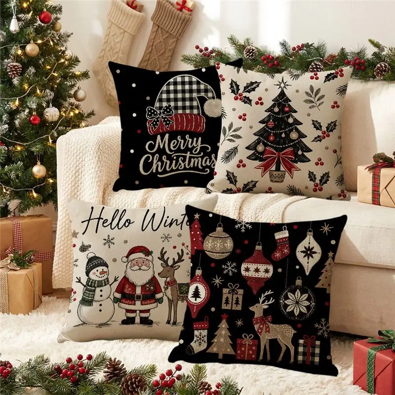 VIKAMA Xmas Cushion Cover Holly Berry Black Christmas Tree Print Pillowcase No Insert Included for Living Room Office Home Decor