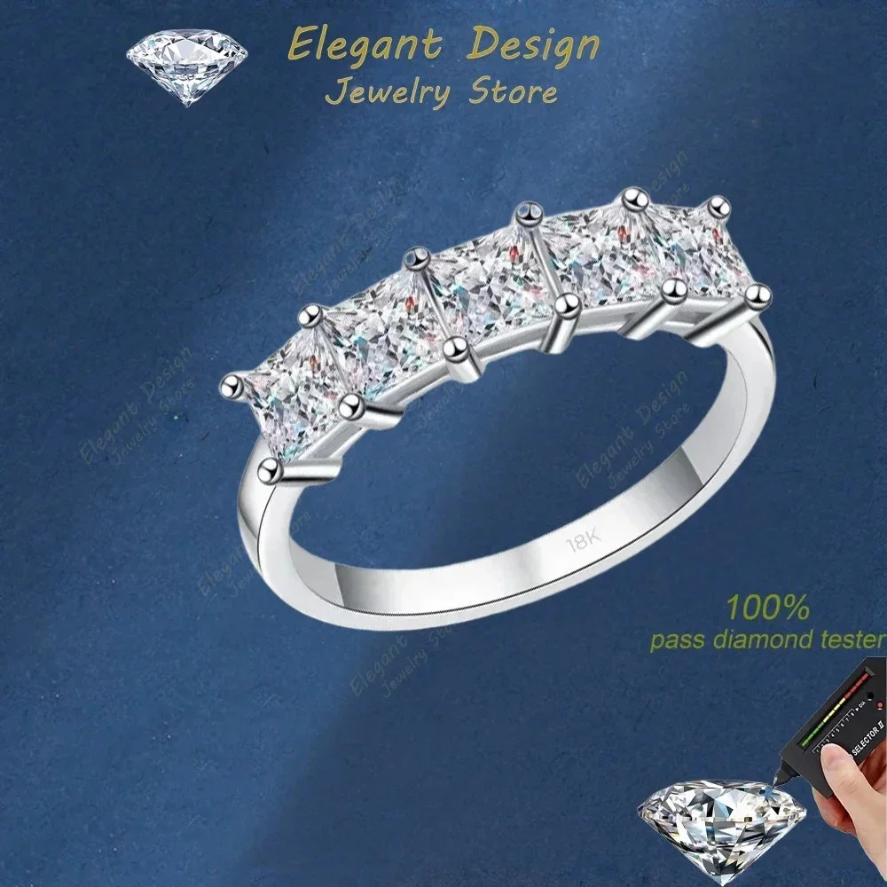 Elegant Design A Row 5pcs Moissanite Ring for Women, 18K White Gold All 2 Carat Diamond Wedding Rings for Princess Jewelry