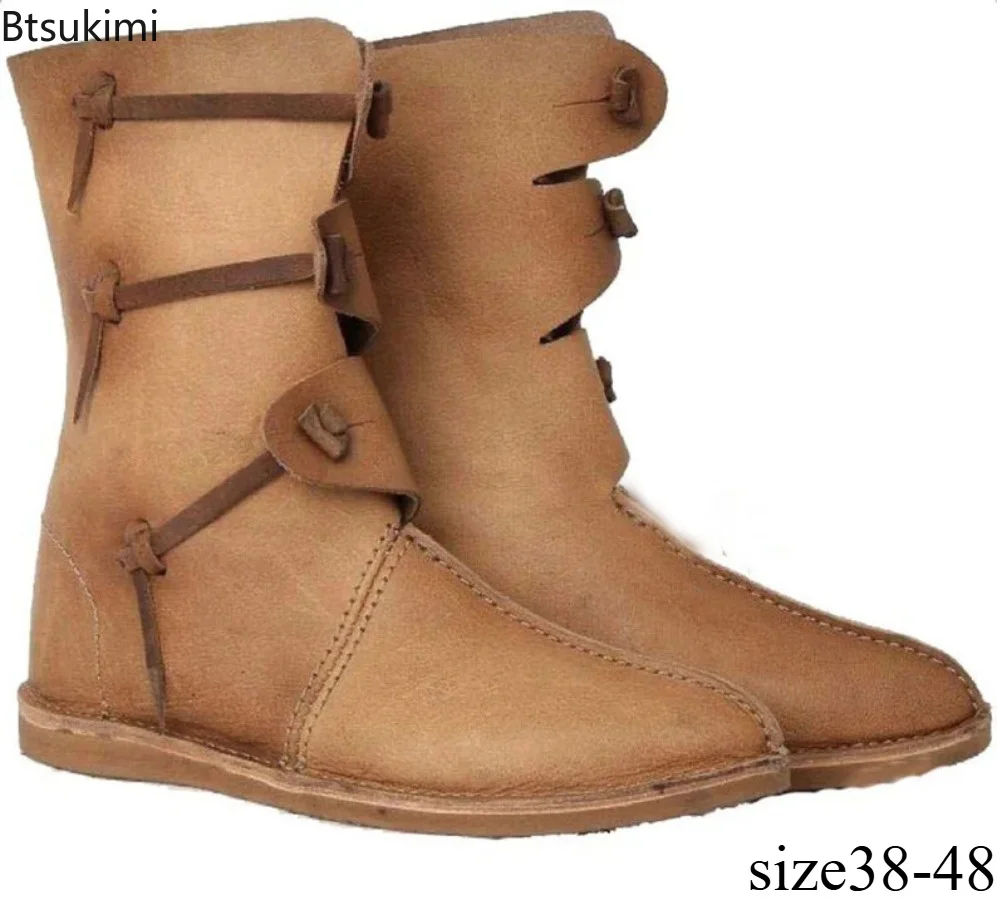 Botas Medievales Retro Vikingas Piratas, Botas de Cuero PU Estilo Romano con Punta Redonda para Hombre, Botas de Montar para Juegos de Rol y Fiestas de Halloween