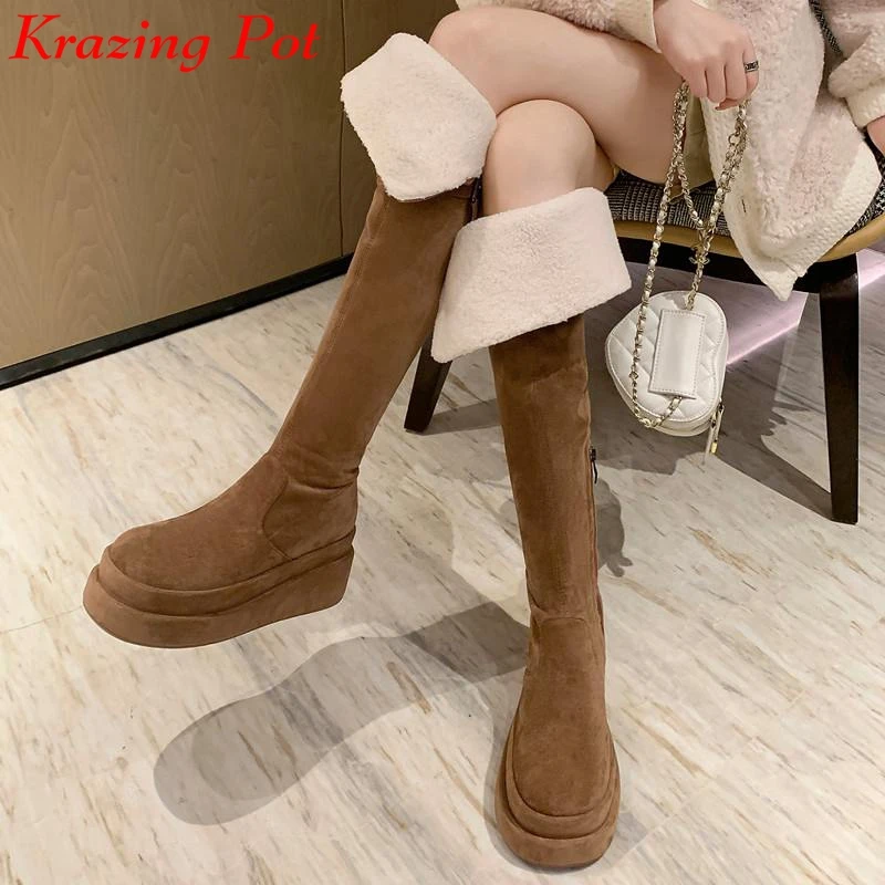 

Krazing Pot Flock Fur Round Toe Thick high Heels Riding Snow Boots Winter daily wear Keep Warm waterproof Over-the-knee Boots