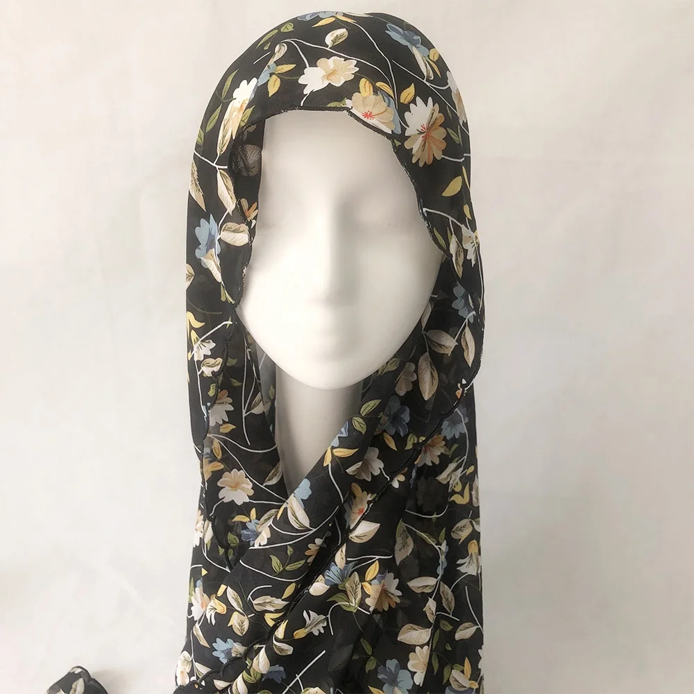 Hijab bordado em chiffon para mulheres, xale estampado, roupas islâmicas, lenço na cabeça, turbante muçulmano, foulard, headwear