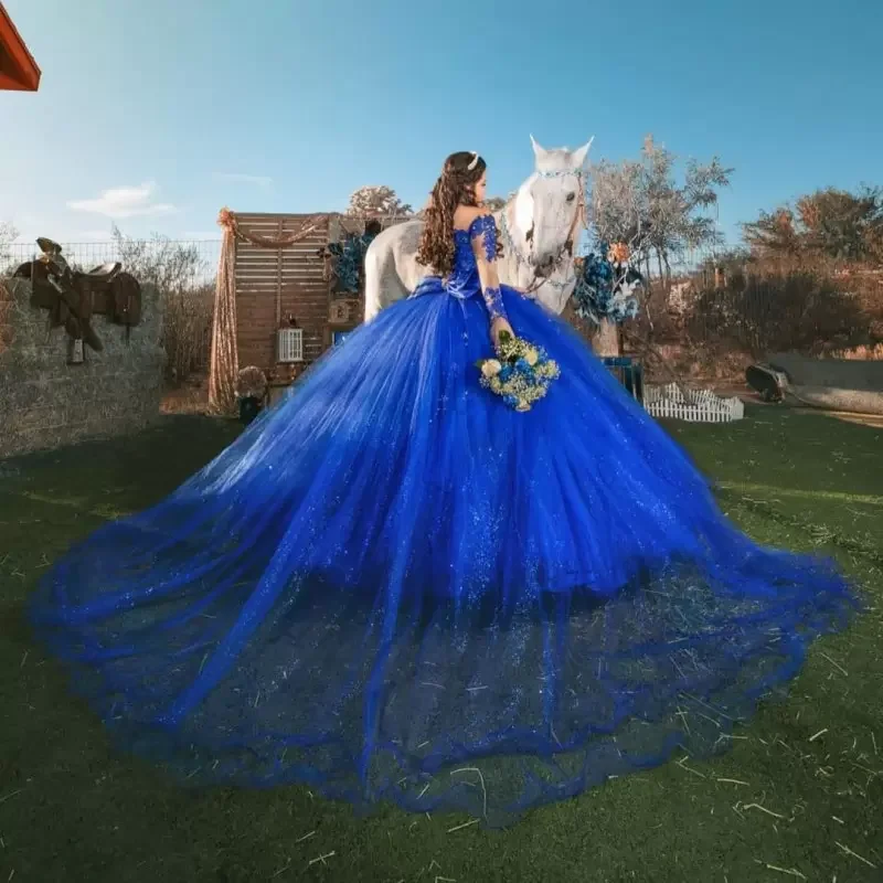 ANGELSBRIDEP Королевское синее кружевное платье Quinceanera с длинным рукавом с бисером милое платье для выпускного вечера 16 блестящее Тюлевое платье 15 лет