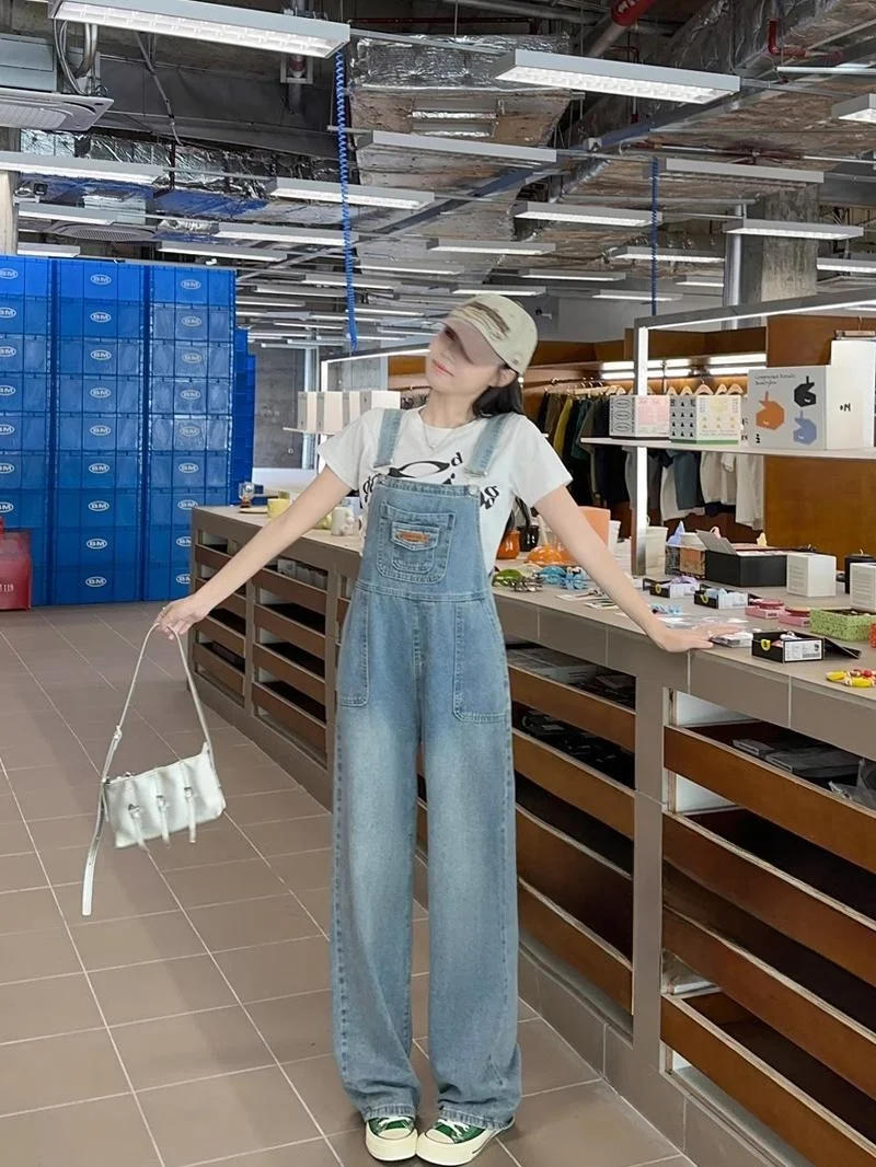 

Retro Bib Overalls Women's High Waist Straight Leg Jeans Slimming Wide Leg Floor Length Pants for ort Women