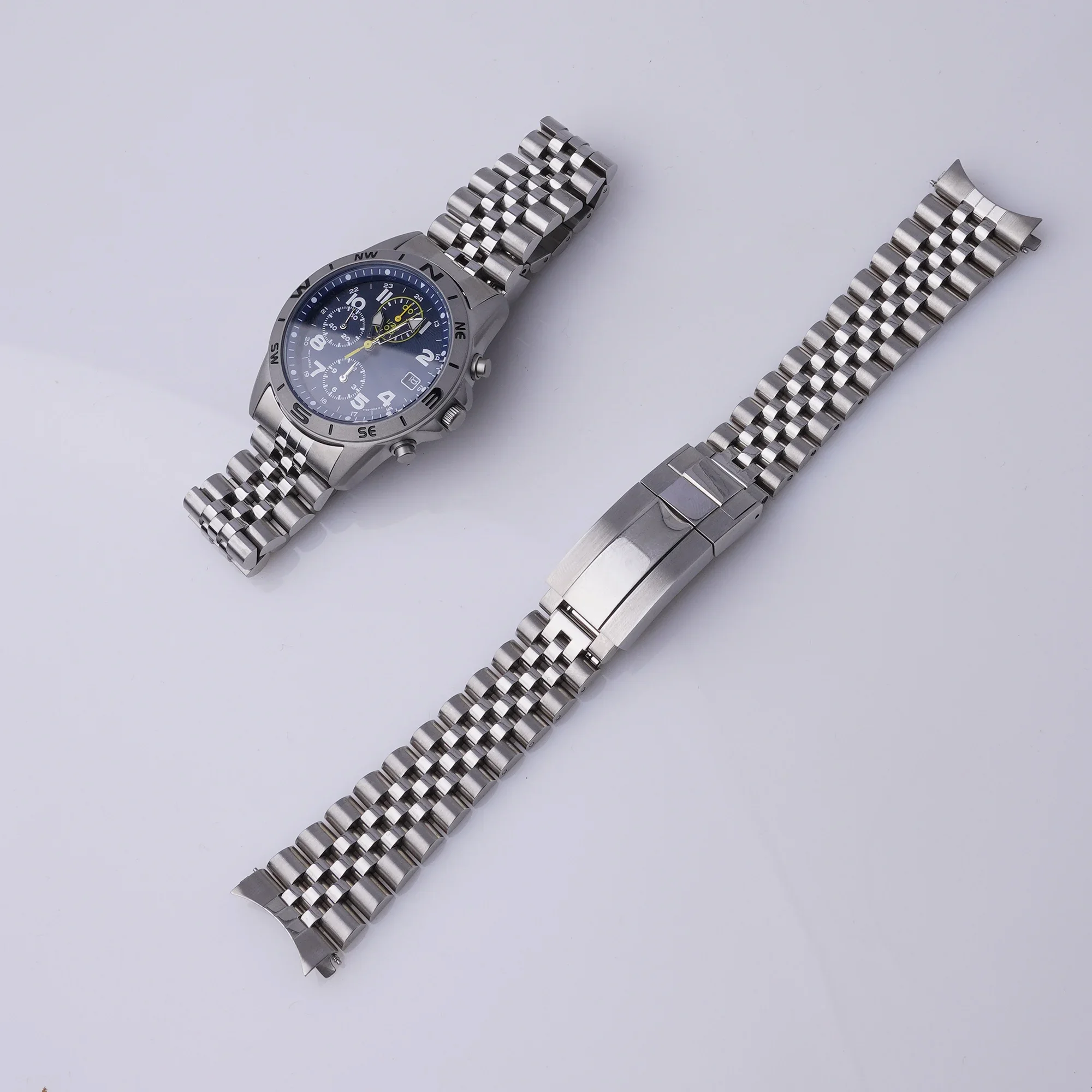 

For Seiko Chronograph SND363 SND365 SND367 SND367P1-Rolamy 20mm Silver Jubilee WatchBand Strap CurvedEnd Oyster Deployment Clasp