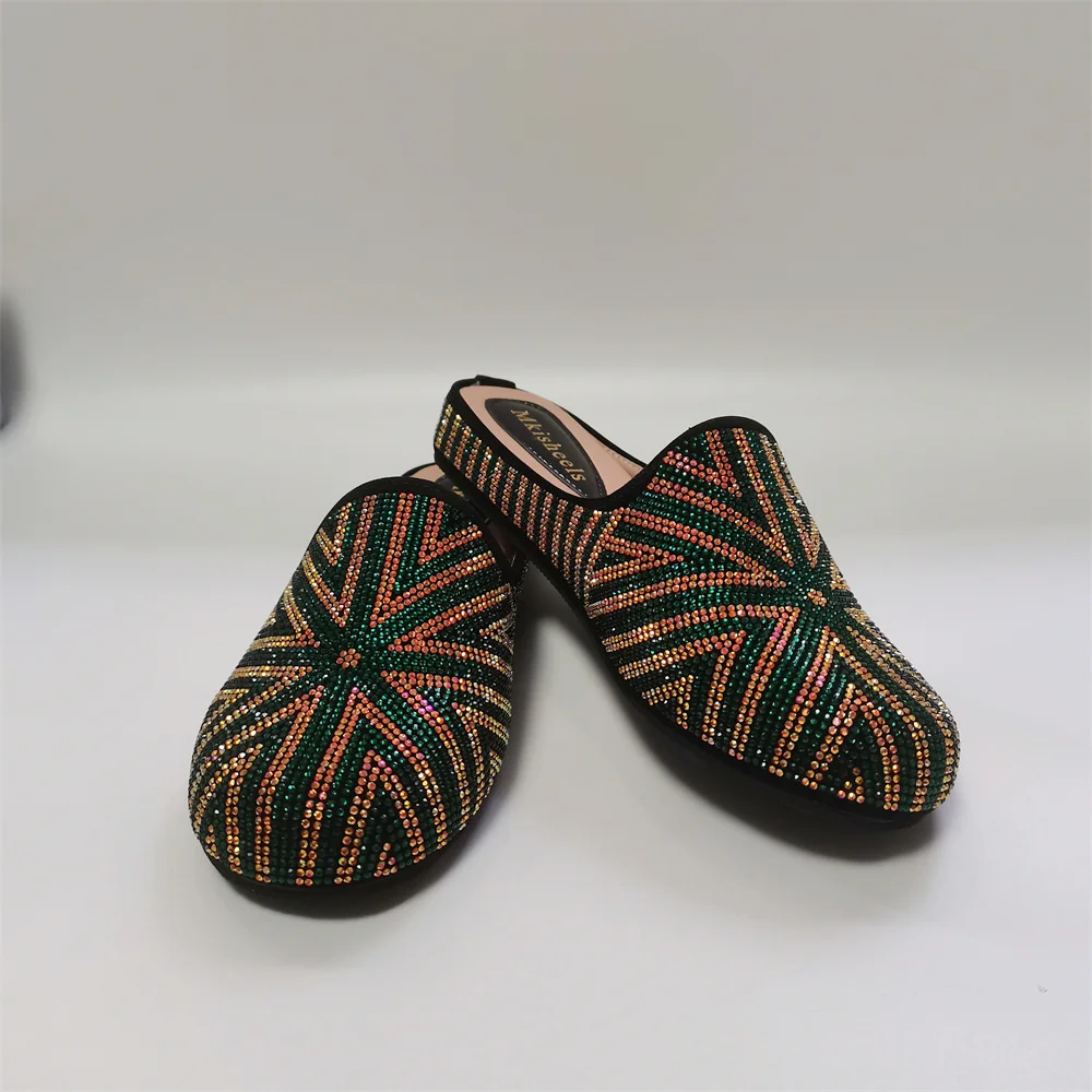 2024 New Fashion Luxury Women\'s Rhinestone Flat Slippers Women Flat Heel Comfortable Mulles Shoes Outwear Casual Shoes F113-1